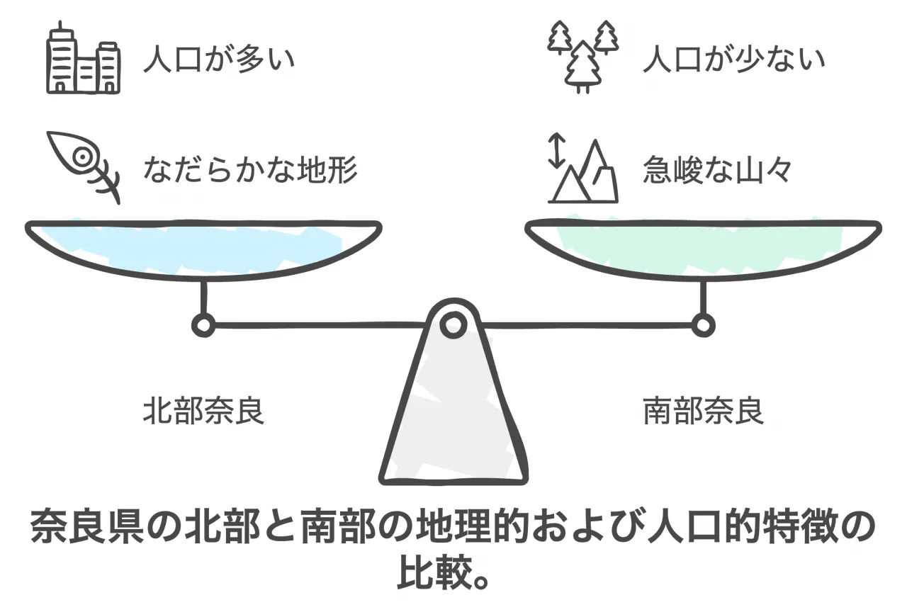 奈良県の北部と南部の地理的および人口的特徴の比較。