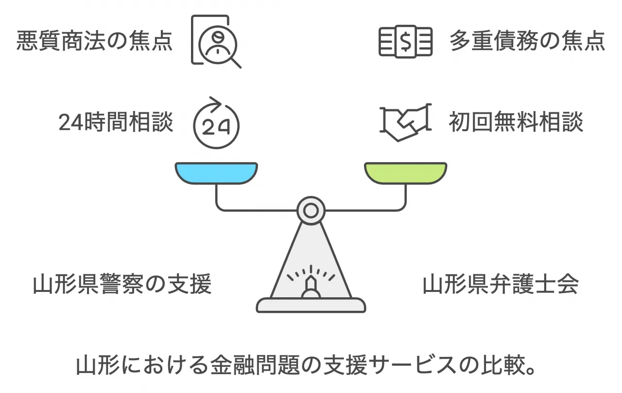 山形における金融問題の支援サービスの比較。